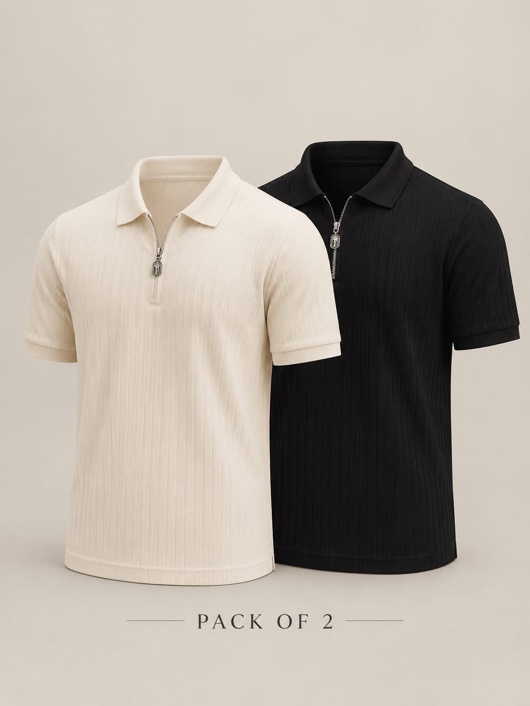 Premium High Quality Pack of 2 Ribbed Zip Polo Shirts – Black & Beige | Modern Fit Collection
