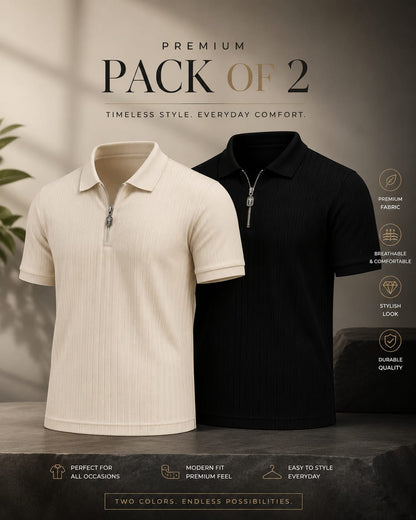 Premium High Quality Pack of 2 Ribbed Zip Polo Shirts – Black & Beige | Modern Fit Collection
